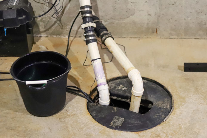 A black bucket is next to a sump pump on a concrete basement floor. The sump pump has a black cover and features two white PVC pipes running out of the top of the cover. Cords are running from the pump to the wall of the basement.